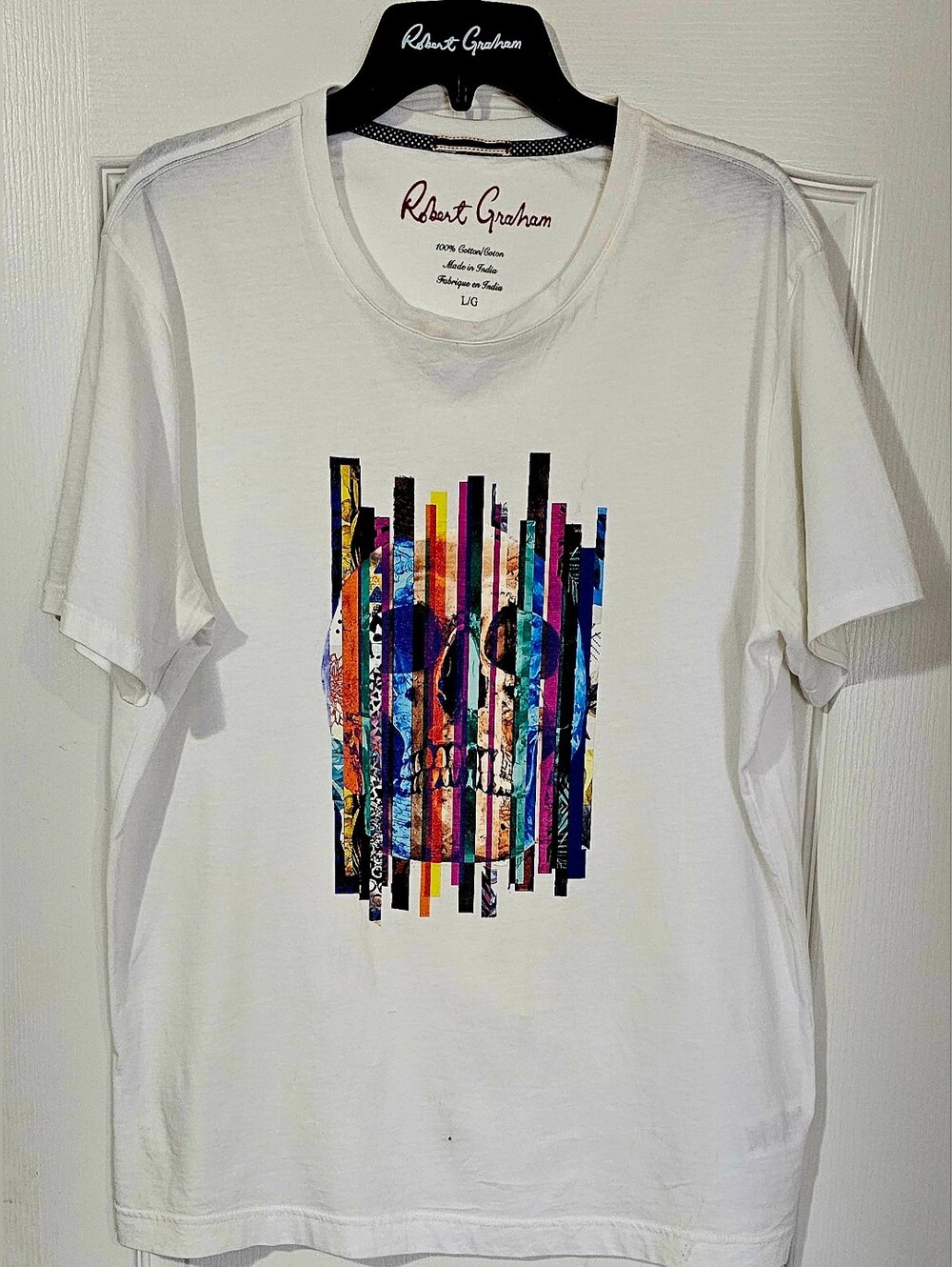 Robert Graham White Tee with Multicolor Striped Skull Graphic